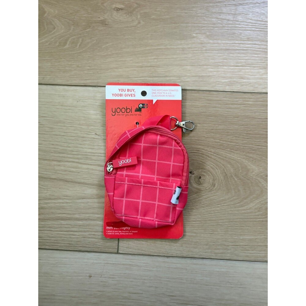 Yoobi Mini Backpack Keychain Pink Grid Coin Purse ID Pouch Bag Clip